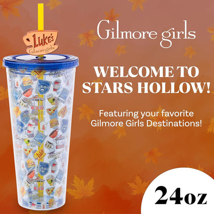 Silver Buffalo Gilmore Girls Plastic Cold Cup with Lid, Straw Topper, 24oz