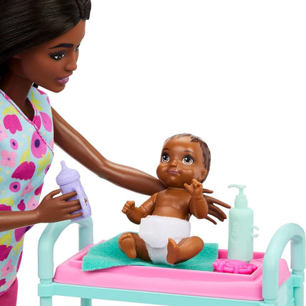 Barbie Careers Baby Doctor Playset with Brunette Doll Wearing Scrubs, 2 Baby Dolls, Examination Table & Accessories, JMK13