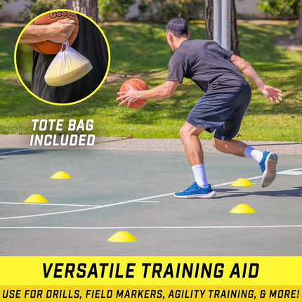 GoSports Premium Sports Cones for Agility Training and Drills - 20 Pack with Tote - Yellow