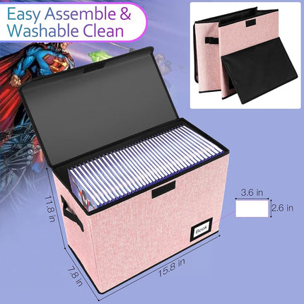 YNSZAS 2 Pack Comic Book Storage Box, Protector Organizer, 15.8" X 7.8" X 11.8", Collapsible Short Box, Holds 160-180 Books, Container Holder Shelf Bin (Pink)