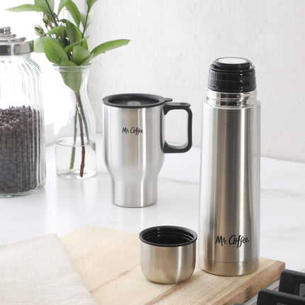Mr. Coffee 4-Piece Insulated Drinkware Set — Stainless Steel Thermos, Travel Mug with Handle, Cup & Lid for Hot & Cold Drinks