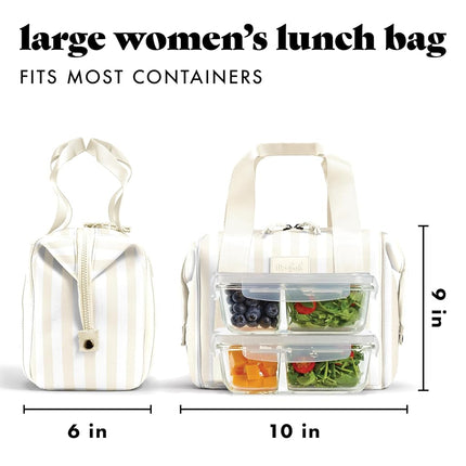 Fit & Fresh Neoprene Lunch Bag For Women, Insulated Womens Lunch Bag For Work, Tear & Stain Resistant Large Lunch Box For Women With Containers and Ice, Machine Washable Remi Bag, Ivory Stripe