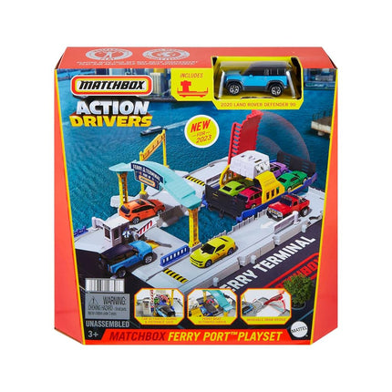 Matchbox Cars Playset Ferry Port Set - Retractable Ferry on Wheels, Cars and Kids Activated Features - Includes 1 Land Rover - HMH29