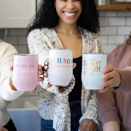 Pearhead “Chaos Coordinator” Wine Tumbler for Mom, 12 oz Insulated Stainless Steel Tumbler with Lid, Funny Mom Gift, Travel Coffee Mug for Women, Mother’s Day Gift, Stemless Wine Cup
