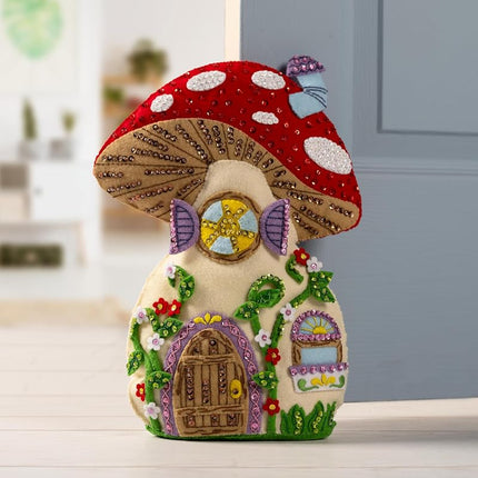 Bucilla, Mushroom Manor, Felt Applique Door Stop Kit, Perfect for DIY Arts and Crafts, 89733E