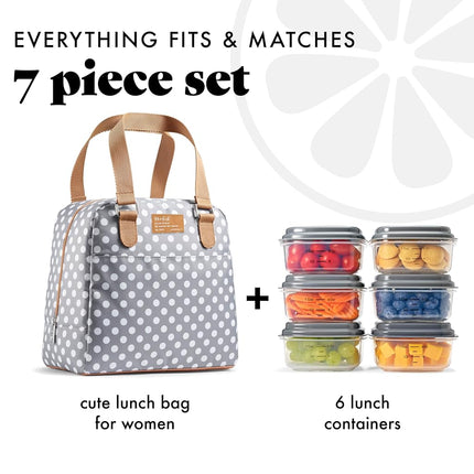 Sac à déjeuner Fit & Fresh pour femmes, sac à déjeuner isotherme pour femmes pour le travail, grande boîte à déjeuner étanche et résistante aux taches pour femmes avec récipients, fermeture éclair Minneola Bag Grey Dot