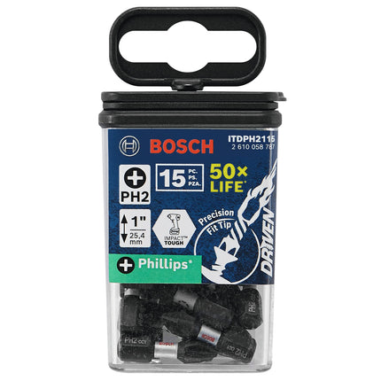 BOSCH ITDPH2115 Paquete de 15 brocas de inserción para atornillador de impacto Phillips #2 de 1 pulgada Impact Tough