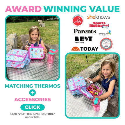 Bento Box, Lunch Bag, Ice Pack Water Bottle Set for Kids - 5 Compartments, Removable Tray, Lunches or Snack Container Girls Toddlers Daycare Pre-School, Kindergarten Pink Fairy Princess