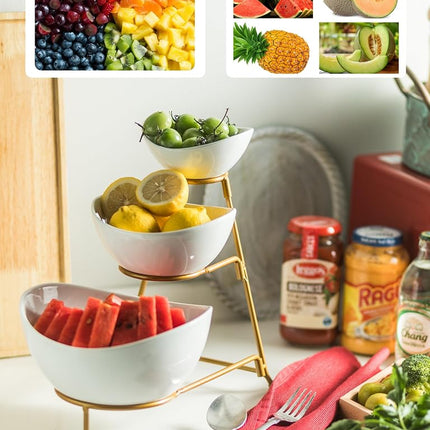 YHOSSEUN 3 Tier Serving Stand Oval Serving Bowl with Metal Rack, Tied Serving Tray Food Display Dessert Appetizer, Serving Bowl Fruit Chip Dip Bowl Set for Parties, Gold