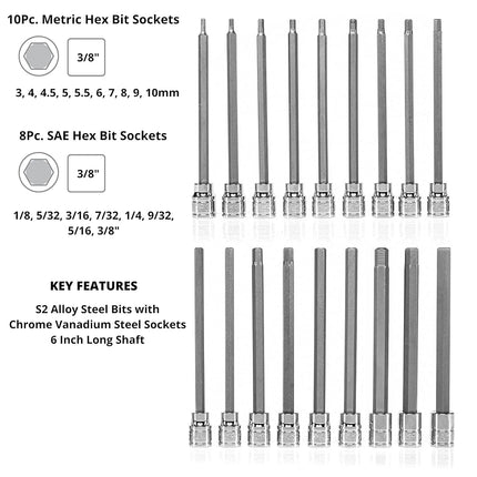 NEIKO 10079A Extra Long Allen Hex Bit Socket Set, 18 Piece SAE and Metric Allen Socket Set, 3/8 Drive, 1/8" – 3/8 Inch & 3mm – 10mm, 6” Long Allen Hex Socket Bit Set, Allen Head Hex Key Socket Set …