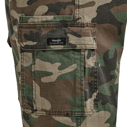 Wrangler Authentics Men's Relaxed Fit Stretch Cargo Pant, Green Brown Camo, 30W / 30L