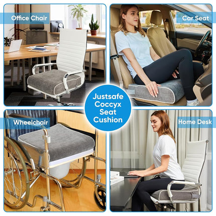 Justsafe 4 Inch Thick XL Memory Foam Seat Cushion - Extra Large Office Chair Cushion for Tailbone Pain Relief, Furniture-Grade High Density Foam, Non-Slip Washable Cover for Desk, Car & Wheelchair
