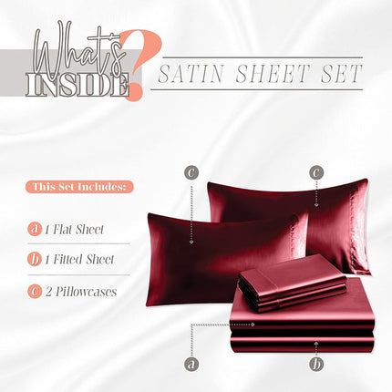 Elegant Comfort Luxurious 4-Piece Silky Satin Sheet Set, Skin and Hair Friendly, Wrinkle, Fade, Stain Resistant with Deep Pockets Fitted Sheet, Cooling Soft Satin Sheet Set, Twin, Burgundy