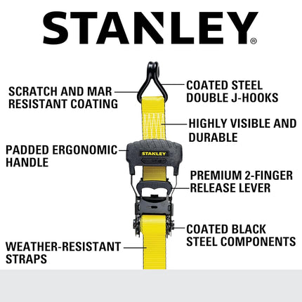 STANLEY S10074 1.5" x 16' Ratchet Tie Down Straps - Heavy Cargo Hauling (3,300 lbs Break Strength) 4 Pack