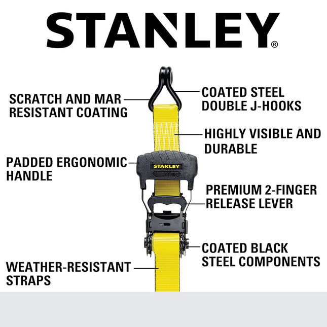 STANLEY S10074 1.5" x 16' Ratchet Tie Down Straps - Heavy Cargo Hauling (3,300 lbs Break Strength) 4 Pack