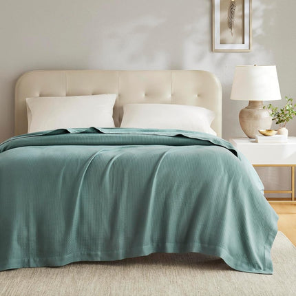 Madison Park 100% Egyptian Cotton Lightweight Summer Blanket, Breathable Waffle Knit Design, Soft Cozy All-Season Throw for Bed, Couch or Sofa, Teal Full/Queen Size (90"x90")