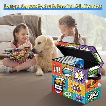 YNSZAS 2 Pack Comic Book Storage, Comic Book Box, 15.8" X 7.8" X 11.8", Collapsible Comic Short Box, Holds 160-180 Comic Book, Heavy Duty Comic Book Bin Container Holder Shelf(Cartoon Colorful)