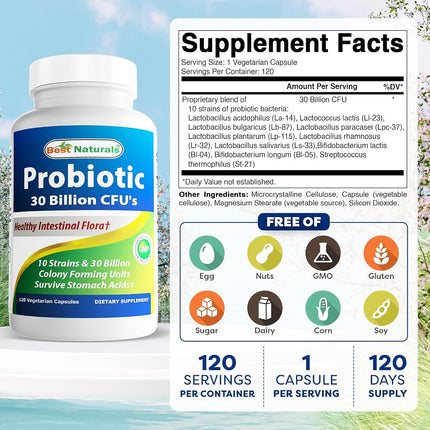 Best Naturals Probiotic 10 Strains 30 Billion Shelf Stable 120 Veggie Caps (120 Count (Pack of 2))