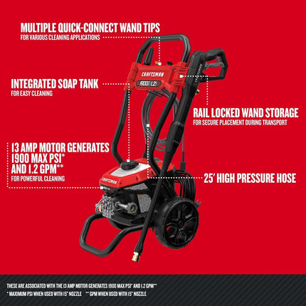 CRAFTSMAN Electric Pressure Washer, Cold Water, 1900 -PSI, 1.2-GPM, Corded (CMEPW1900)