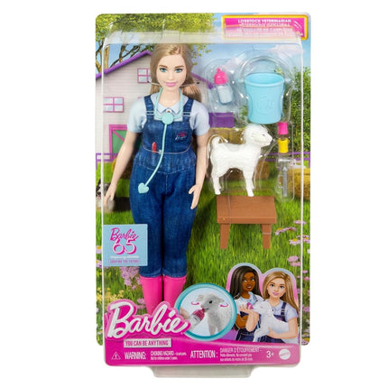 Barbie 65th Anniversary Doll & 10 Accessories, Farm Veterinarian Set with Blonde Vet Doll, Lamb with Moving Ears & More, HRG42