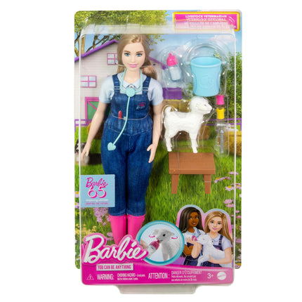 Barbie 65th Anniversary Doll & 10 Accessories, Farm Veterinarian Set with Blonde Vet Doll, Lamb with Moving Ears & More, HRG42