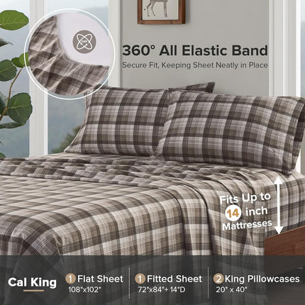 Woolrich Cotton Sheet Set Cottage Charms Print, 100% Cotton Flannel Sheets Warm & Fuzzy Bedding Set Cal King Size Sheets, Fitted Pocket Fits Up to 14" Mattress, Cal King Brown Plaid, 4 Piece