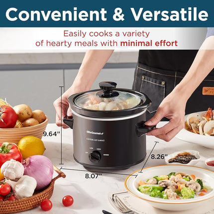 Elite Gourmet MST239X Dishwasher-Safe Glass Lid & Ceramic Pot Electric Slow Cooker, AdjCatable Temp, Entrees, Sauces, Stews and Dips, 2 Qt Capacity, Black