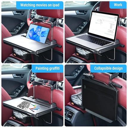 Plateau de volant VarCozy, plateau de voiture pliable à suspendre à l'appuie-tête arrière avec plateau extensible et fente pour porte-gobelet, bureau de voiture portable pour travailler sur ordinateur portable, manger, boire et dessiner
