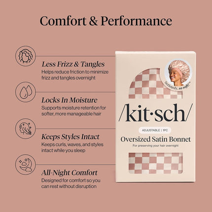 Kitsch XL Satin Bonnet for Sleeping, Softer Than Silk - Terracotta Checker