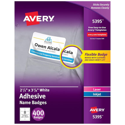 Etiquetas adhesivas para credenciales Avery 5395, rectangulares, blancas, caja de 400
