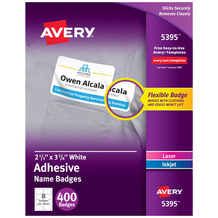 Avery 5395 Adhesive Name Badge Labels, Rectangular