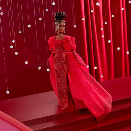 Barbie Signature Doll, Mattel 80th Anniversary Collectible in Glittery Red Tulle Gown with Drop Earrings and Sheer Gloves, Brunette, JBJ18