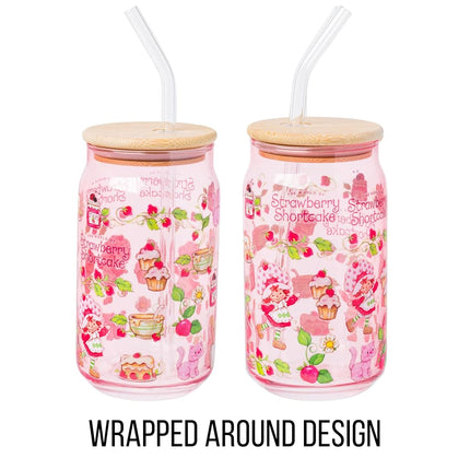Silver Buffalo Strawberry Shortcake Glass Tumbler with Bamboo Lid, 16oz