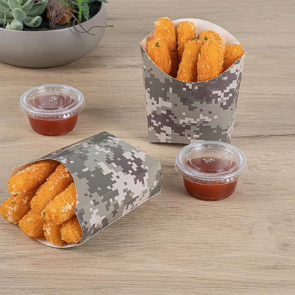 Bio Tek 4.5 x 3.2 x 3.9 Inch French Fry Cup, 100 Disposable Snack Cups - Stackable, Sustainable, Camouflage Paper 3 Ounce Fry Holder, for Fries, Onion Rings, Popcorn, or Cookies - Restaurantware