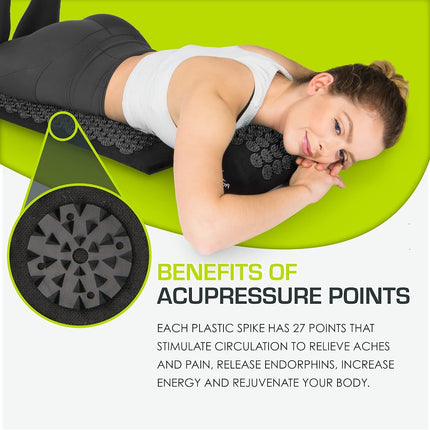 ProsourceFit Acupressure Mat and Pillow Set for Back/Neck Pain Relief and Muscle Relaxation, Large - Black/Black