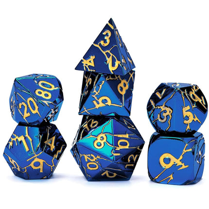 Metal Dice for DND - Ancient Cracked Lightning – Blue Gold Cracks