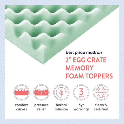 Surmatelas en mousse à mémoire de forme Best Price Mattress 2 pouces à alvéoles avec infusion d'Aloès apaisante, certifié CertiPUR-US, Grand Lit