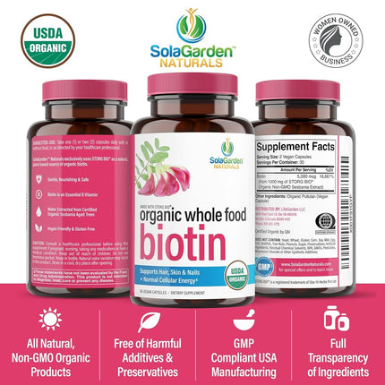 USDA Organic Whole Food Biotin Supplement, Made with Plant-Based Biotin from Sesbania Agati Trees, by SolaGarden Naturals, 60 Non-GMO Vegan Capsules, Supports Hair, Skin, and Nails, Made in USA