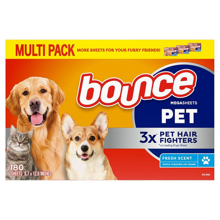 Bounce Pet Hair and Lint Guard Mega Fabric Softener Dryer Sheets with 3X Pet Hair Fighters, Fresh Scent, 180 Count