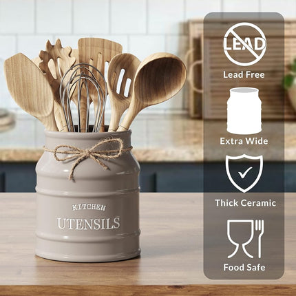 Barnyard Designs Ceramic Farmhouse Utensil Holder for Kitchen Counter, Large Rustic Utensil Crock, Countertop Cooking Tool Organizer, 6.75”, Taupe