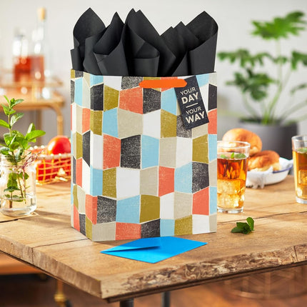 Hallmark 13" Large Gift Bag with Tissue Paper and Gift Tag (Your Day Your Way Orange, Black, Blue, Green) for Birthdays, Father's Day, Graduations, Retirements