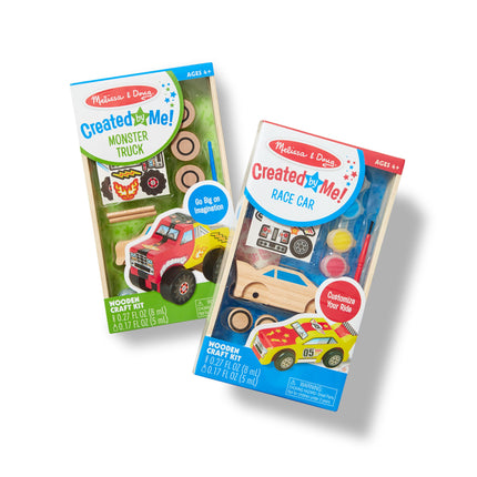 Melissa & Doug Kit de manualidades de madera "Decora tu propio" - Coche de carreras y camión monstruo