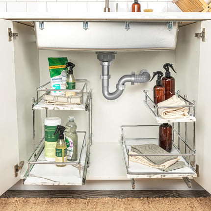 Household Essentials Glidez, organiseur de rangement coulissant à 2 niveaux en acier chromé et faux marbre, 28,5 cm de large, blanc et chrome