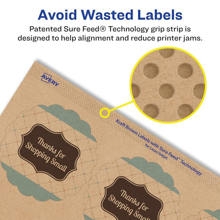 Avery Kraft Brown Round Scalloped Labels with Sure Feed, 2.5" Diameter, 450 Kraft Brown Labels, Print-to-The-Edge, Laser/Inkjet Printable Labels