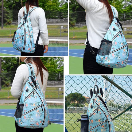 ZOEA Pickleball Bag, Sport Pickleball Sling Bag for Women Man, Adjustable Pickleball Backpack with Fence Hook Water Bottle Holder, Fits 4 Paddles and All Your Other Gear (Flower Blue)