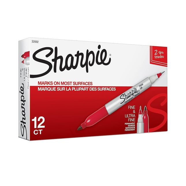 Sharpie 32002 Twin Tip Fine Point and Ultra Fine Point Permanent Marker, Red, 12-Pack