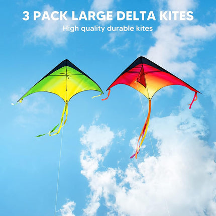 JOYIN 3 Packs Large Delta Kites in Orange, Green and Purple - Easy to Fly for Kids and Adults With 262.5 ft String - Beach Kite for Outdoor Games and Activities