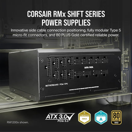 Fuente de alimentación ATX totalmente modular Corsair RM1200x Shift - Interfaz lateral modular - Compatible con ATX 3.0 y PCIe 5.0 - Modo de ventilador Zero RPM - Condensadores clasificados a 105 °C - Eficiencia 80 Plus Gold - Negra
