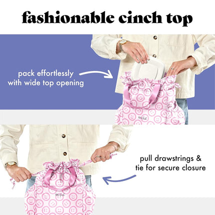 Fit & Fresh Cromwell Drawstring Lunch Bag for Women, Complete Lunch Set with 2 Containers, Stain-Resistant, Leak-Resistant, Back to School Essential, Teacher Lunchbox, All Smiles Pink