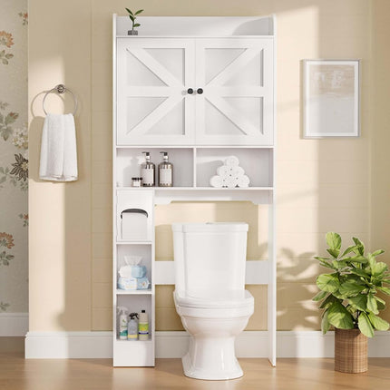 Vipbear Meuble de Rangement Autoportant en Bois au-Dessus des Toilettes avec 2 Portes Coulissantes, Porte-Papier Toilette, Dispositif Anti-Basculement et Étagère Réglable, Idéal pour Salle de Bain, Toilettes et Buanderie